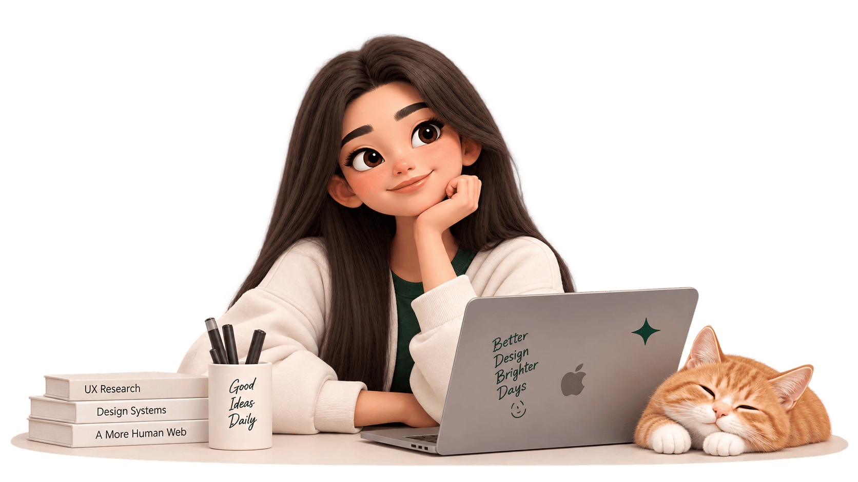 A girl on the desk with her computer and cat