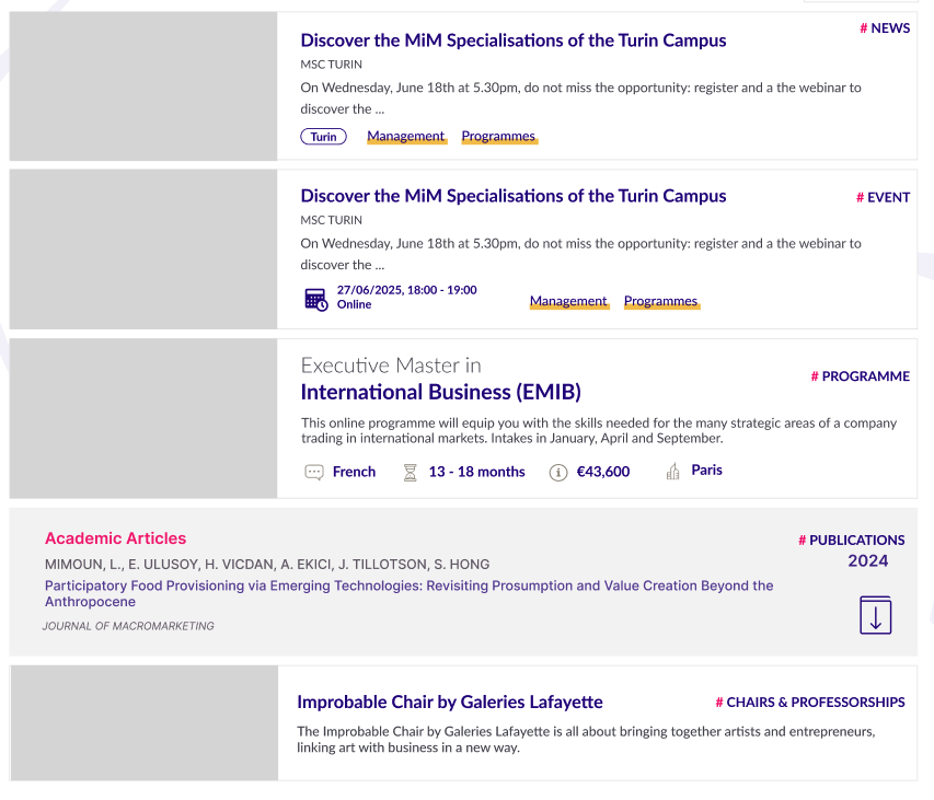 Different content types show different information